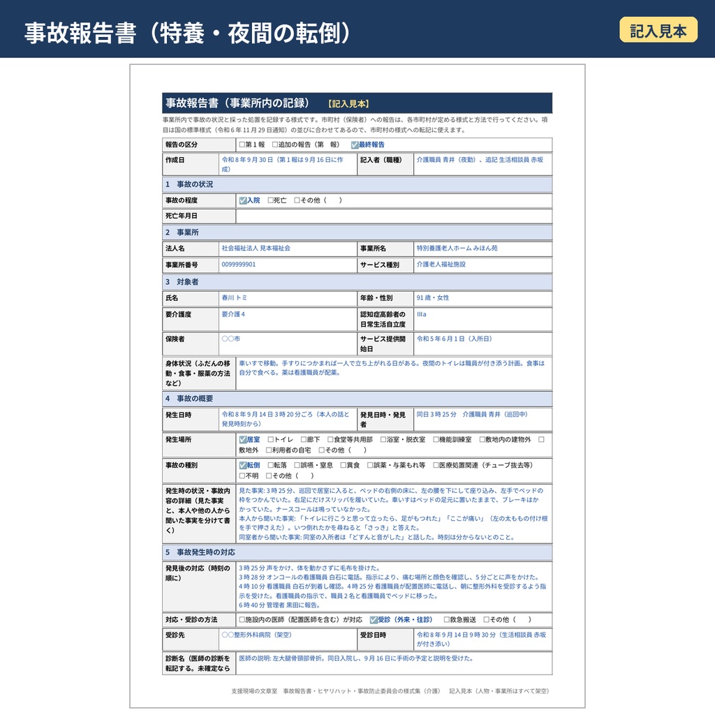 【介護】事故報告書・ヒヤリハット報告票・事故防止委員会議事録 様式と記入見本
