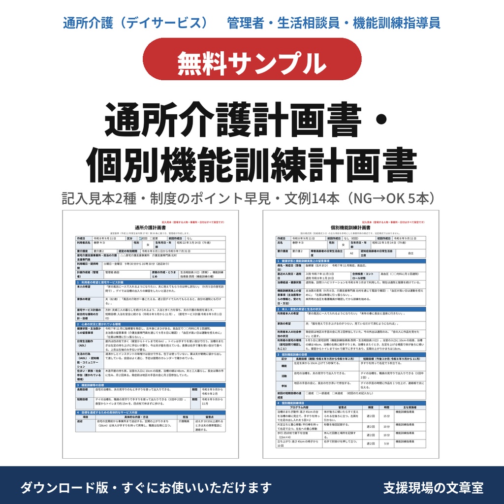 【無料サンプル】通所介護計画書・個別機能訓練計画書 記入見本と文例14本