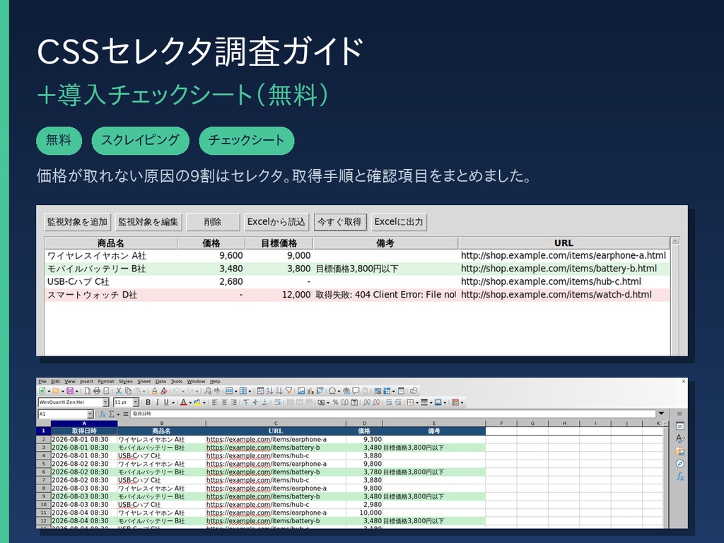 【無料】CSSセレクタ調査ガイド+導入チェックシート|価格スクレイピングで「取れない」を切り分ける手順(PDF)