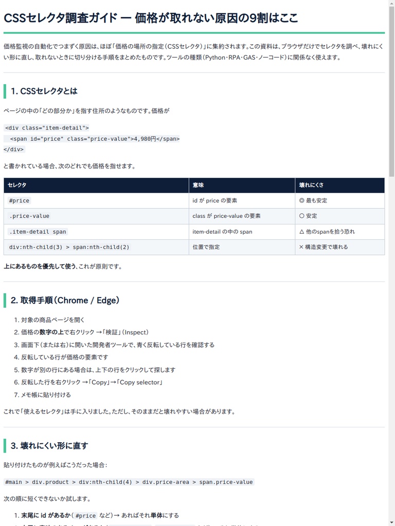 【無料】CSSセレクタ調査ガイド+導入チェックシート|価格スクレイピングで「取れない」を切り分ける手順(PDF)