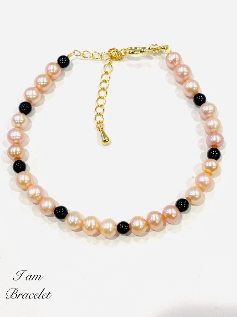 「PINK color natural Perl✖️BLACK tourmaline」✖️flowers charm🌼付き