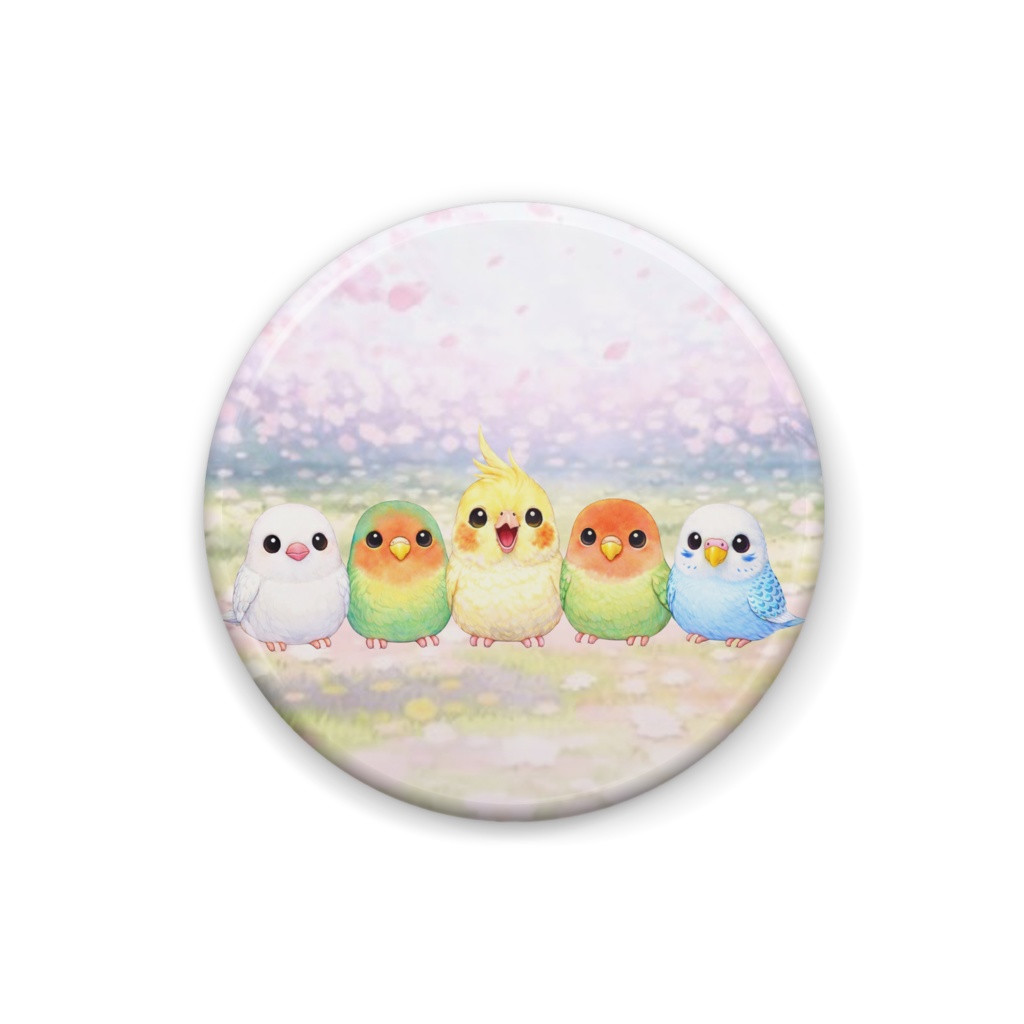 オカメインコ 缶バッジ｜マーの仲間たち 春のお花見｜かわいい 鳥グッズ 桜デザイン