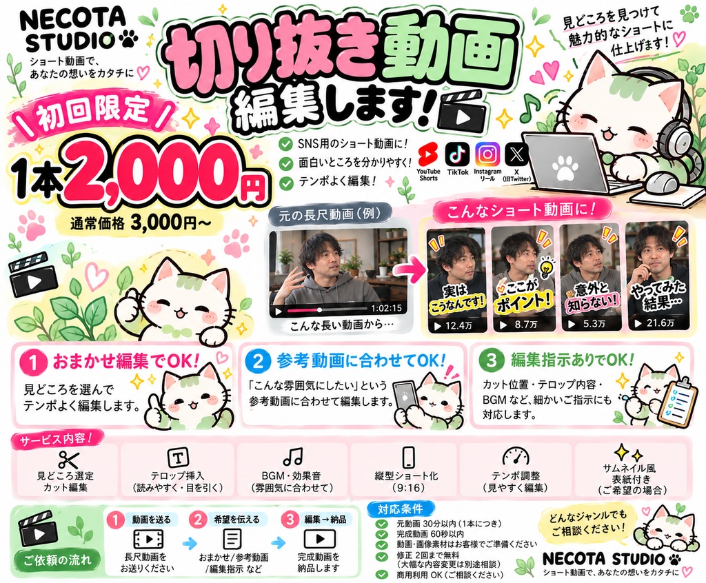 【初回限定2000円】60分以内の動画から最大10本！ショート・切り抜き動画編集します