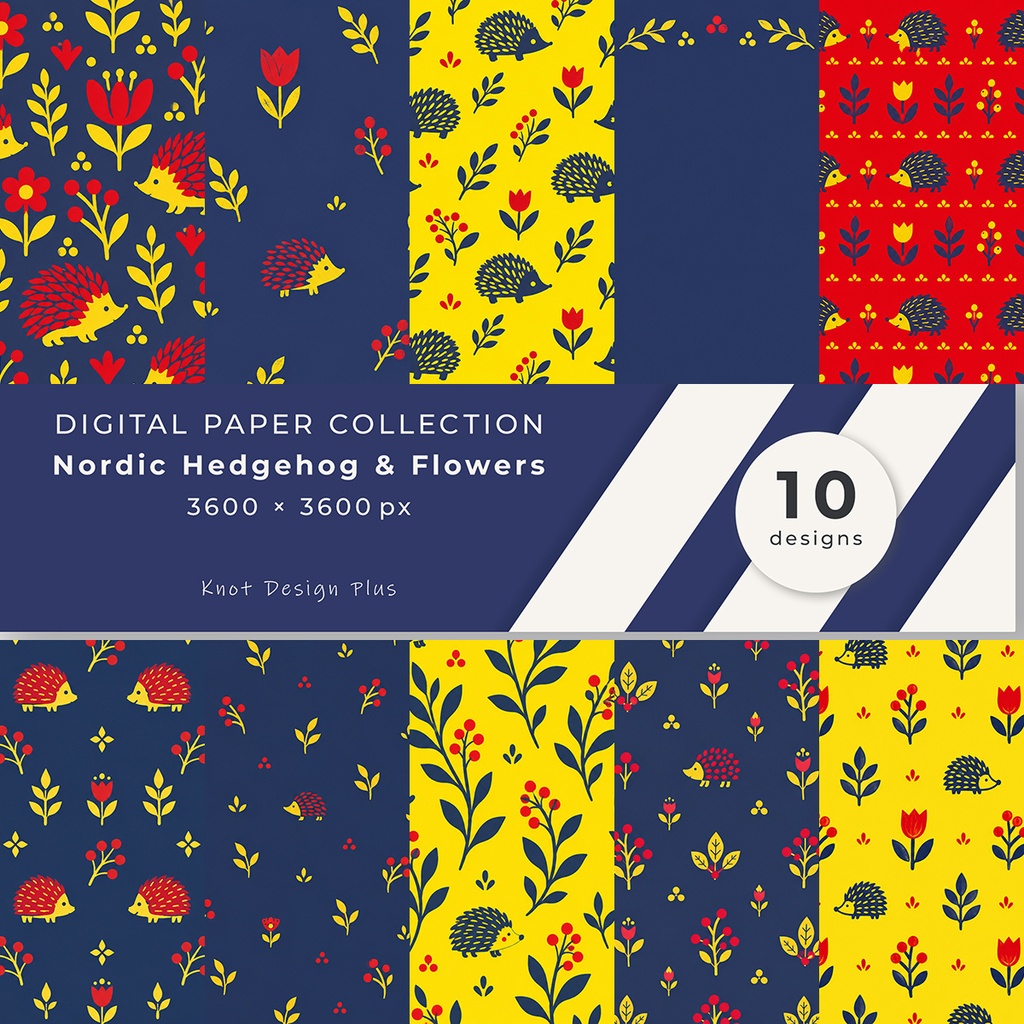 【商用利用OK】北欧ハリネズミと花｜Nordic Hedgehog & Flowers｜デジタルペーパー10枚｜3600×3600px・JPG