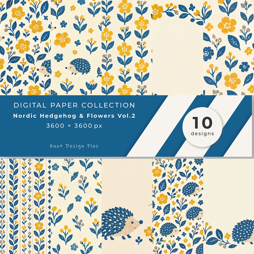 【商用利用OK】北欧ハリネズミと花 02｜Nordic Hedgehog & Flowers Vol.2 デジタルペーパー10枚｜3600×3600px・JPG
