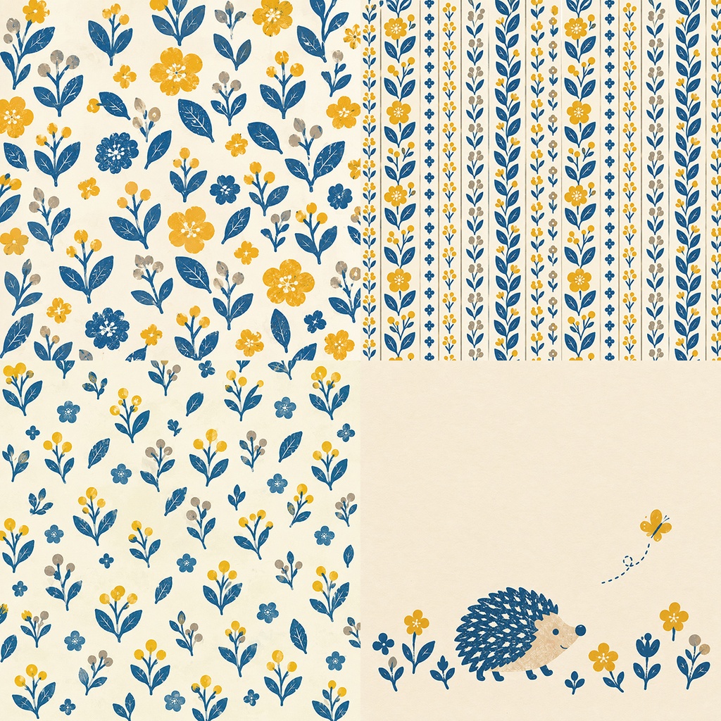 【商用利用OK】北欧ハリネズミと花 02|Nordic Hedgehog & Flowers Vol.2 デジタルペーパー10枚|3600×3600px・JPG