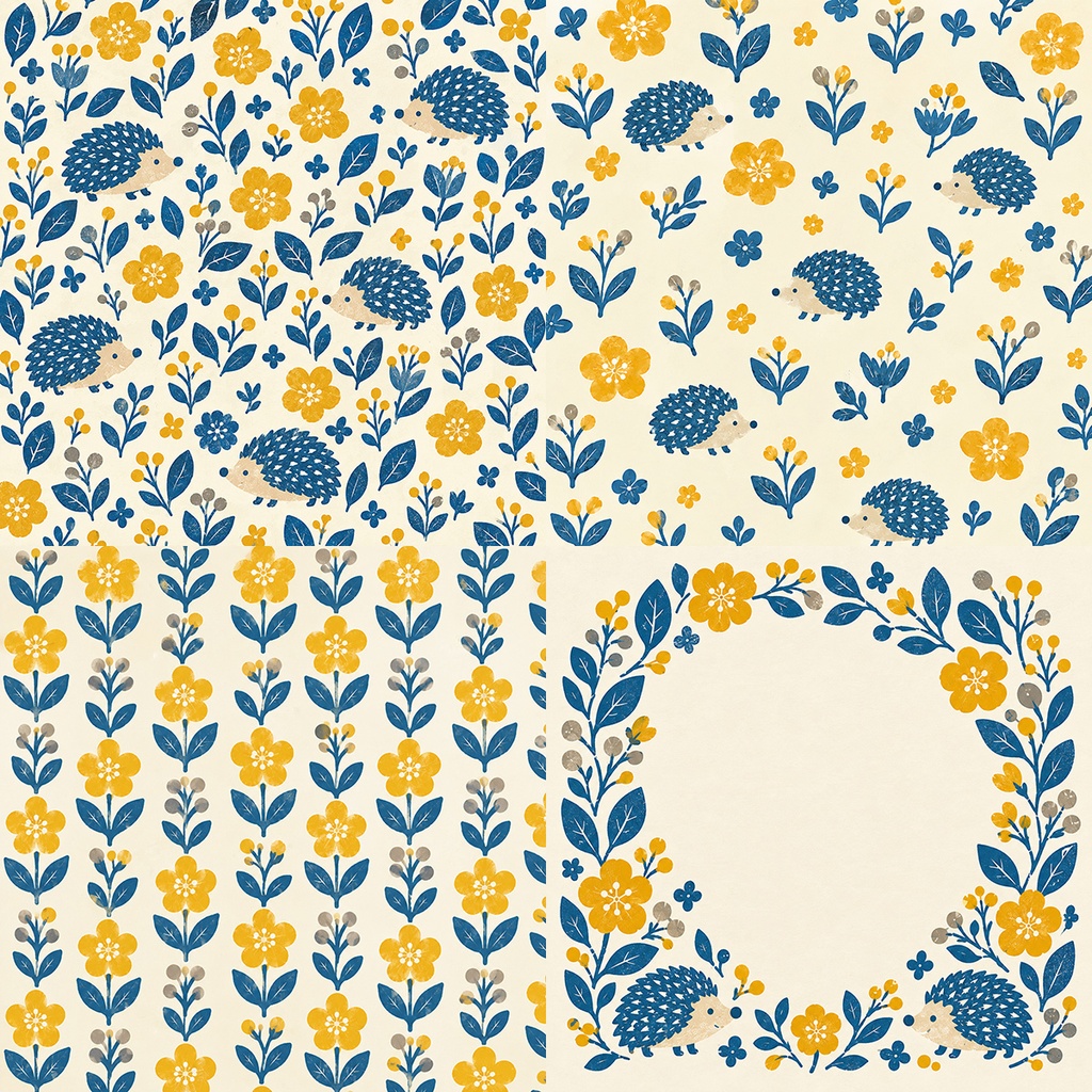 【商用利用OK】北欧ハリネズミと花 02|Nordic Hedgehog & Flowers Vol.2 デジタルペーパー10枚|3600×3600px・JPG