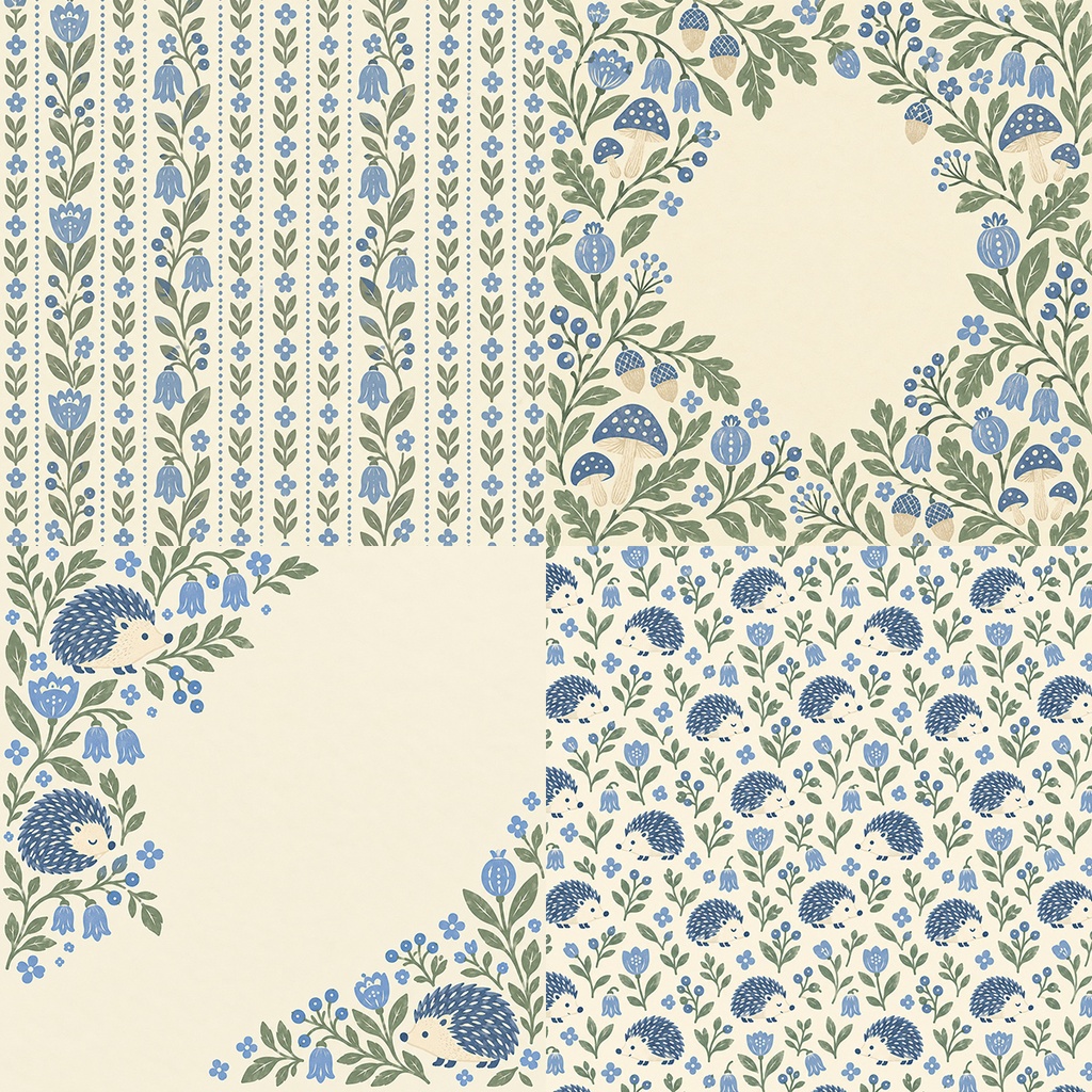 【商用利用OK】北欧ハリネズミと花 03|Nordic Hedgehog & Flowers デジタルペーパー10枚|3600×3600px・JPG