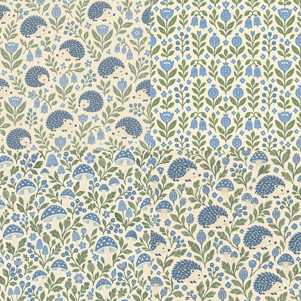 【商用利用OK】北欧ハリネズミと花 03|Nordic Hedgehog & Flowers デジタルペーパー10枚|3600×3600px・JPG