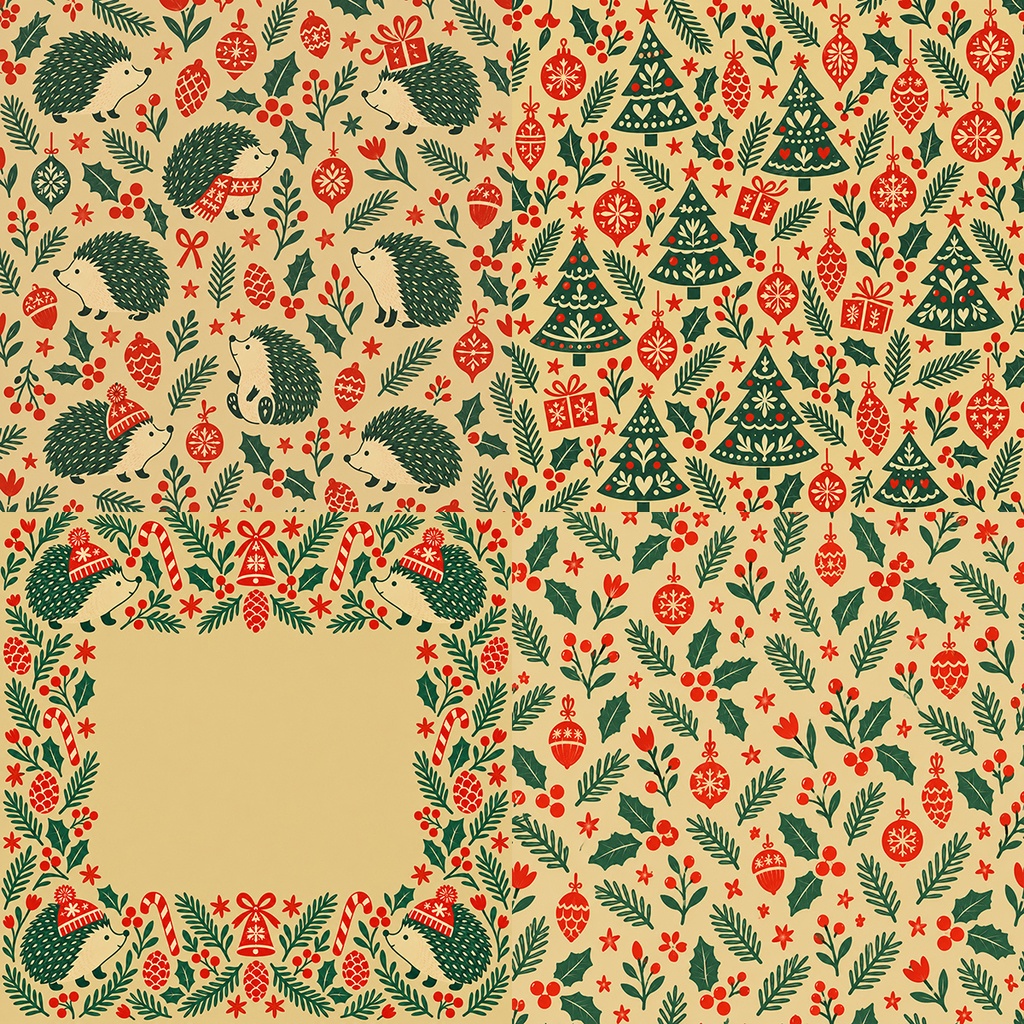 【商用利用OK】北欧クリスマスのハリネズミ|Nordic Christmas Hedgehog デジタルペーパー10枚|3600×3600px・JPG