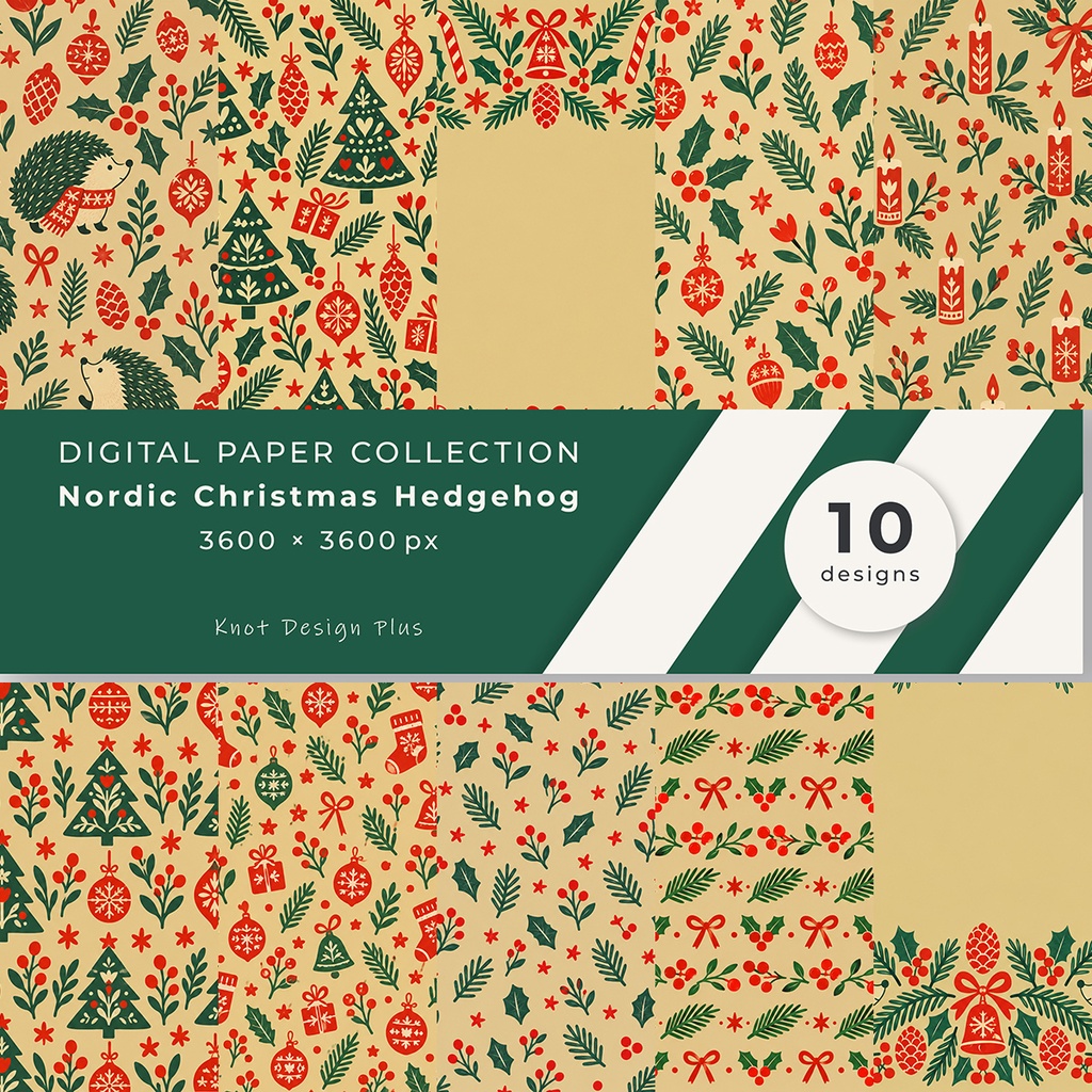 【商用利用OK】北欧クリスマスのハリネズミ|Nordic Christmas Hedgehog デジタルペーパー10枚|3600×3600px・JPG