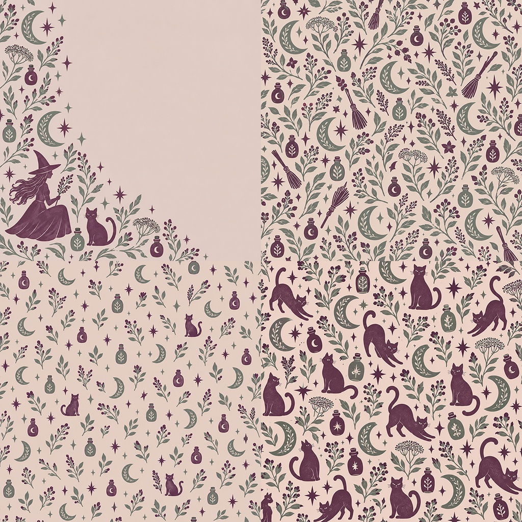 【商用利用OK】魔女と黒猫のボタニカル|Witch & Black Cat Botanicals デジタルペーパー10枚|3600×3600px・JPG