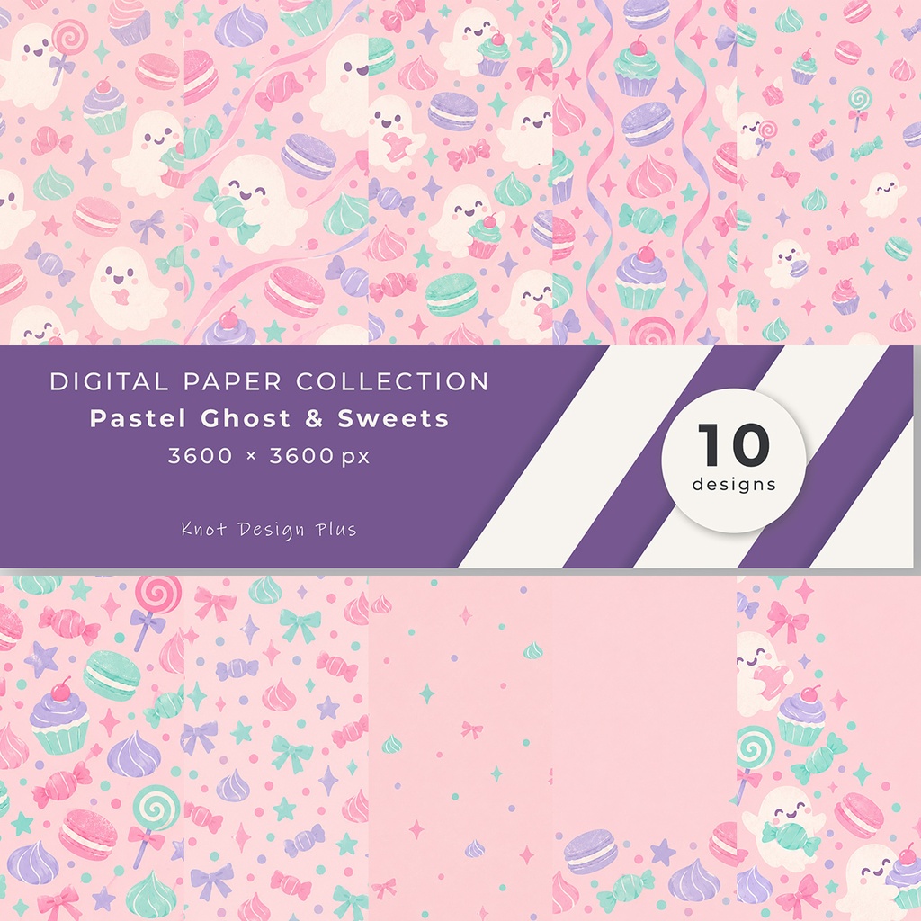 【商用利用OK】パステルおばけとスイーツ｜Pastel Ghost & Sweets デジタルペーパー10枚｜3600×3600px・JPG