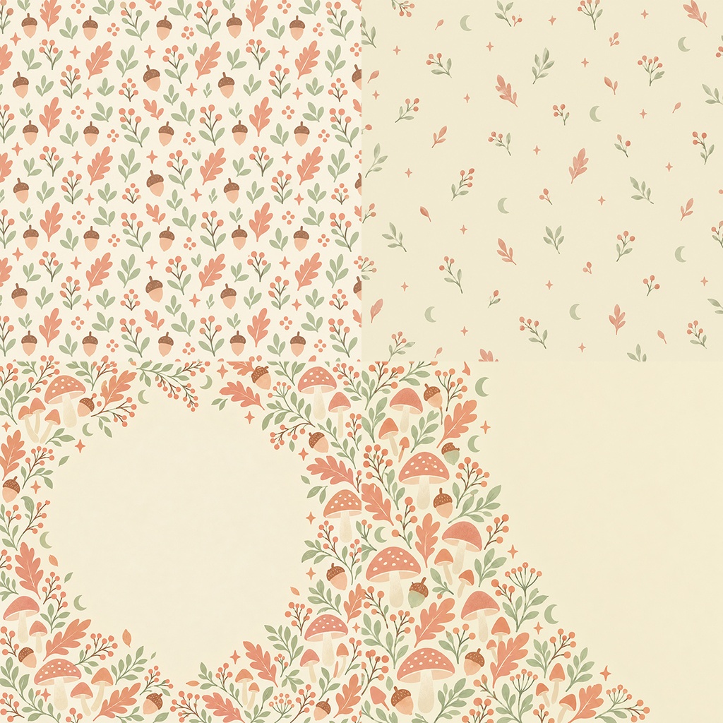【商用利用OK】秋のきのことどんぐり|Autumn Mushrooms & Acorns デジタルペーパー10枚|3600×3600px・JPG
