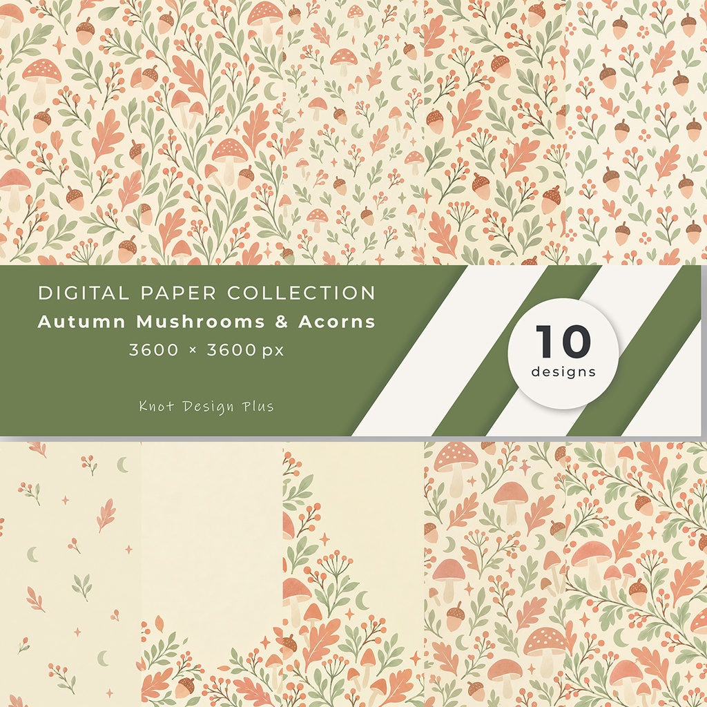 【商用利用OK】秋のきのことどんぐり｜Autumn Mushrooms & Acorns デジタルペーパー10枚｜3600×3600px・JPG