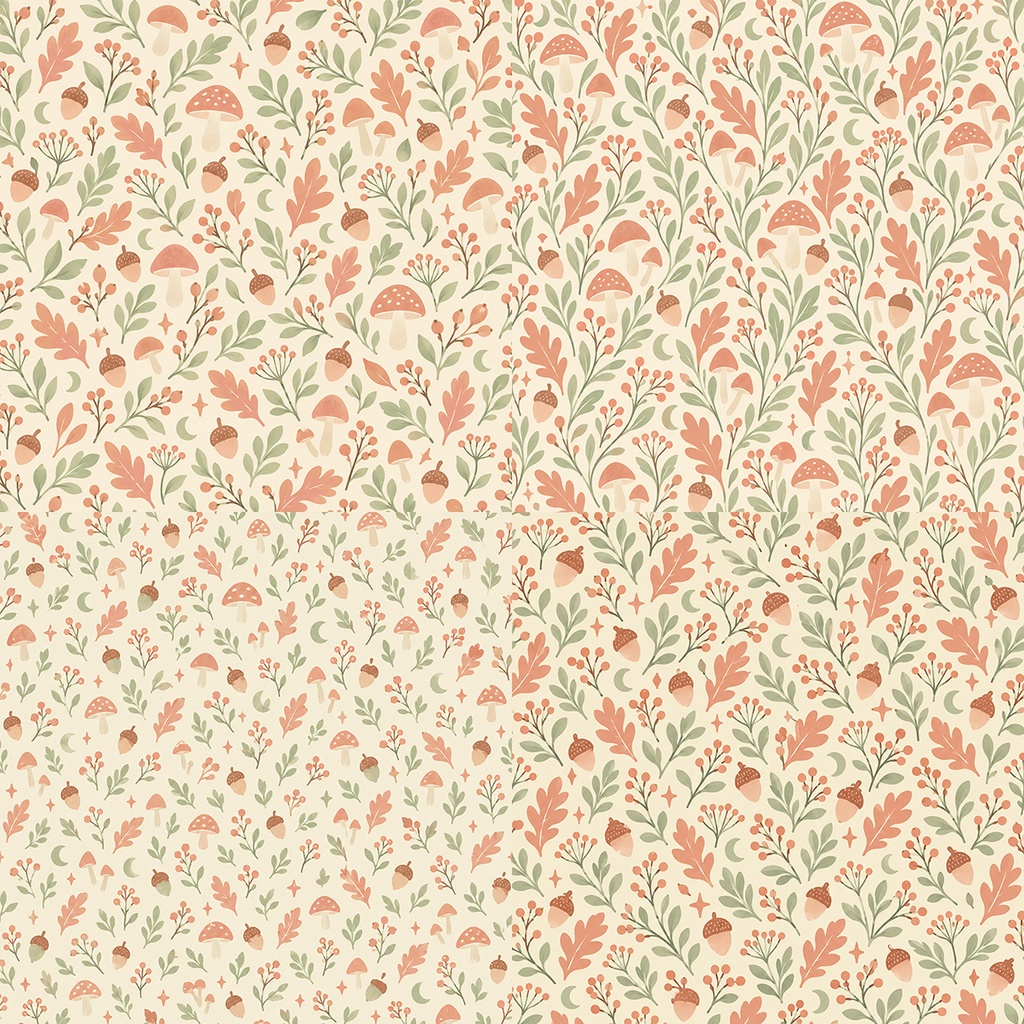 【商用利用OK】秋のきのことどんぐり|Autumn Mushrooms & Acorns デジタルペーパー10枚|3600×3600px・JPG