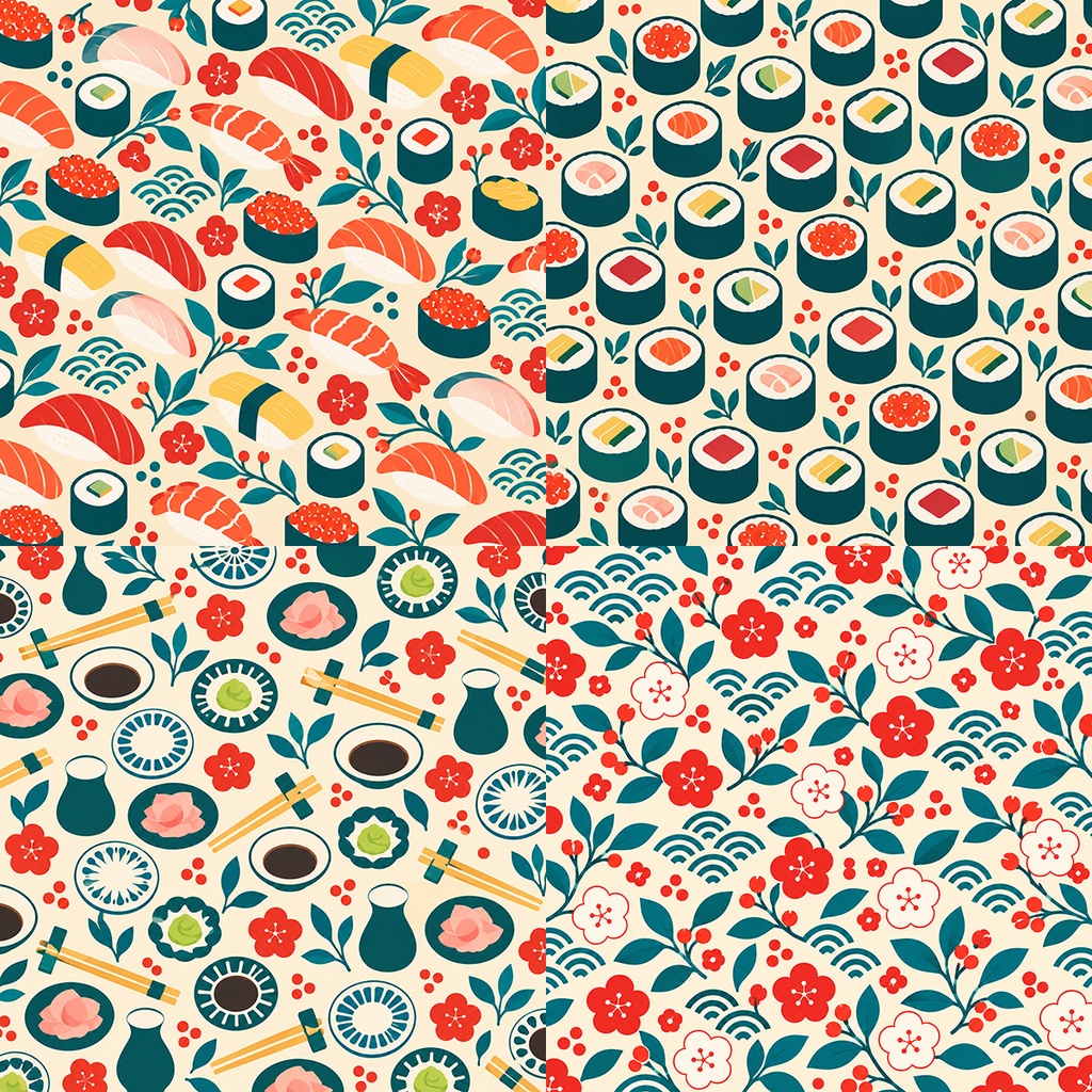 【商用利用OK】和風寿司モチーフ|Japanese Sushi Patterns デジタルペーパー10枚|3600×3600px・JPG
