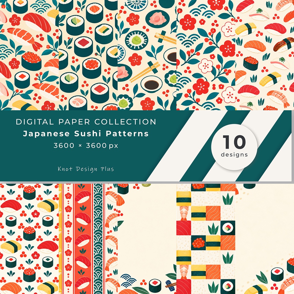 【商用利用OK】和風寿司モチーフ｜Japanese Sushi Patterns デジタルペーパー10枚｜3600×3600px・JPG