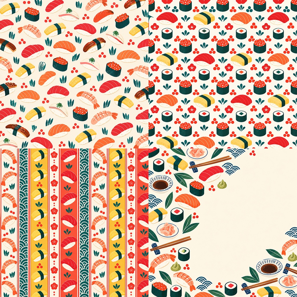【商用利用OK】和風寿司モチーフ|Japanese Sushi Patterns デジタルペーパー10枚|3600×3600px・JPG