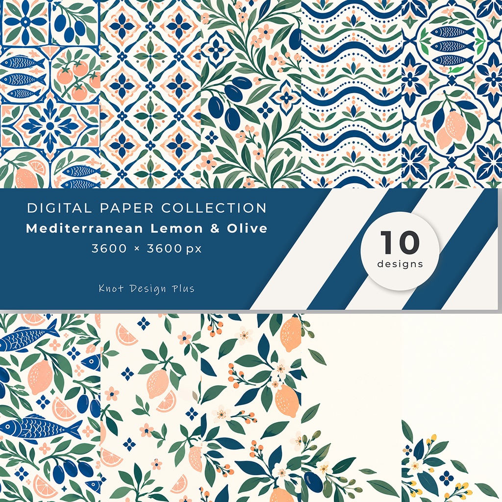 【商用利用OK】地中海レモンとオリーブ｜Mediterranean Lemon & Olive デジタルペーパー10枚｜3600×3600px・JPG