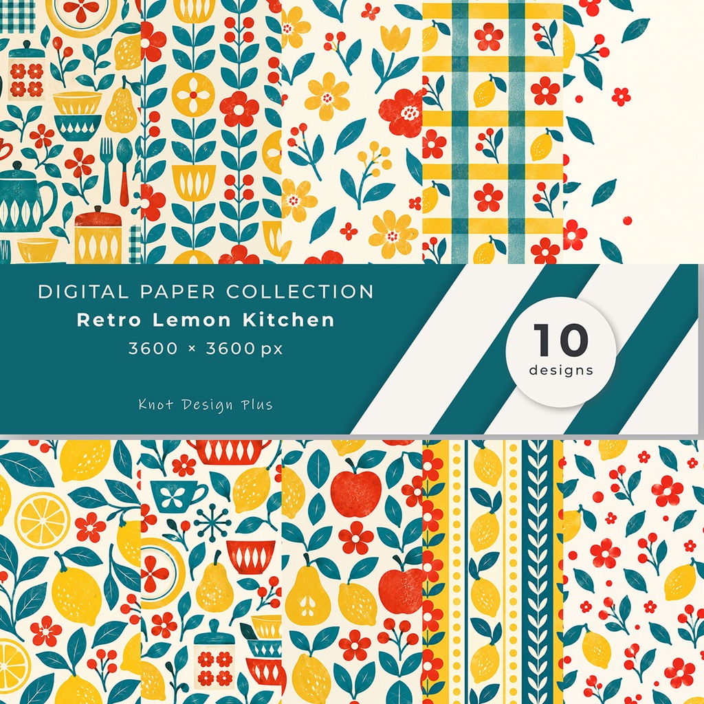【商用利用OK】レトロレモンキッチン｜Retro Lemon Kitchen デジタルペーパー10枚｜3600×3600px・JPG