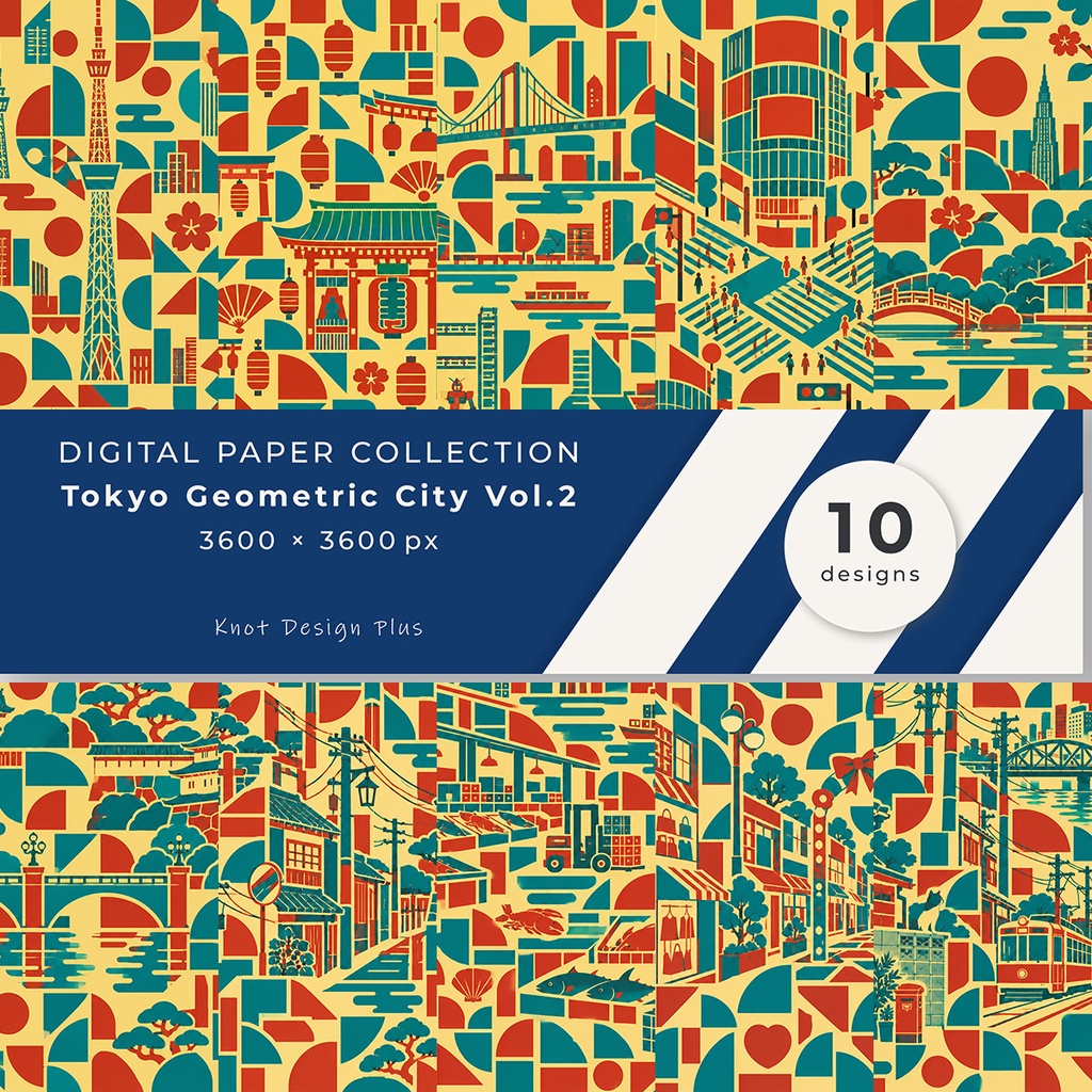 【商用利用OK】東京レトロ街並みと幾何学模様｜Tokyo Retro Geometry デジタルペーパー10枚｜3600×3600px・JPG