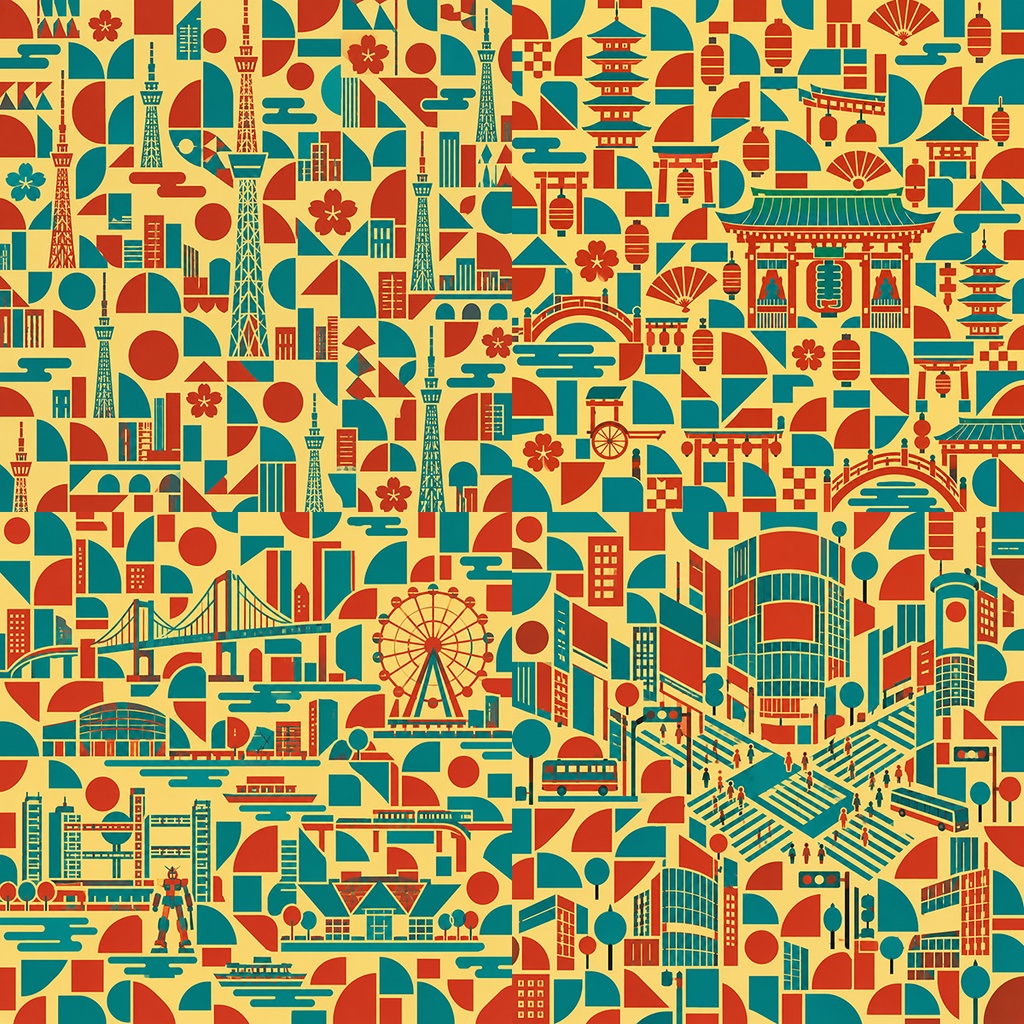 【商用利用OK】東京レトロ街並みと幾何学模様|Tokyo Retro Geometry デジタルペーパー10枚|3600×3600px・JPG