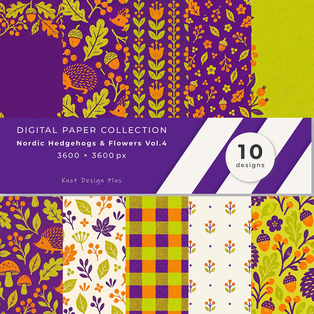 【商用利用OK】北欧ハリネズミと草花｜Nordic Hedgehogs & Flowers デジタルペーパー10枚｜3600×3600px・JPG