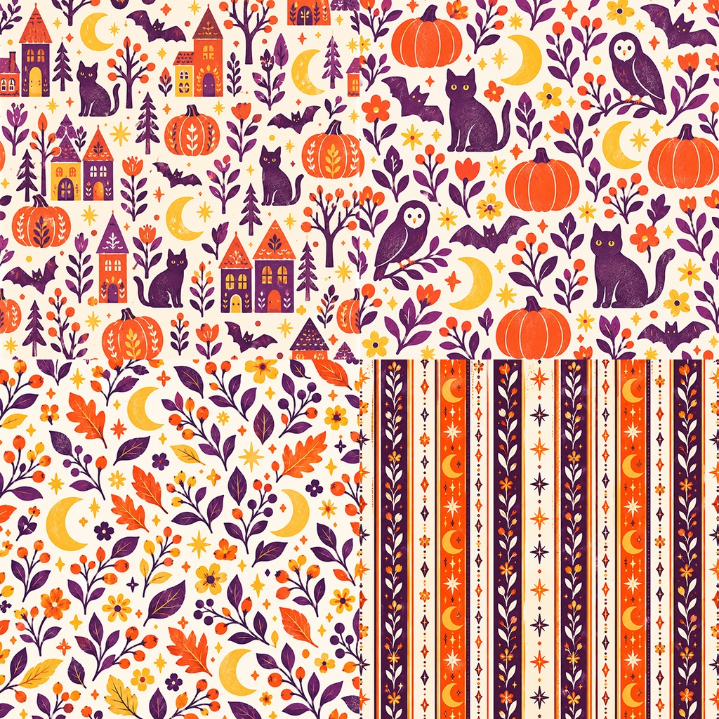 【商用利用OK】黒猫とかぼちゃのハロウィン|Halloween Cats & Pumpkins デジタルペーパー10枚|3600×3600px・JPG