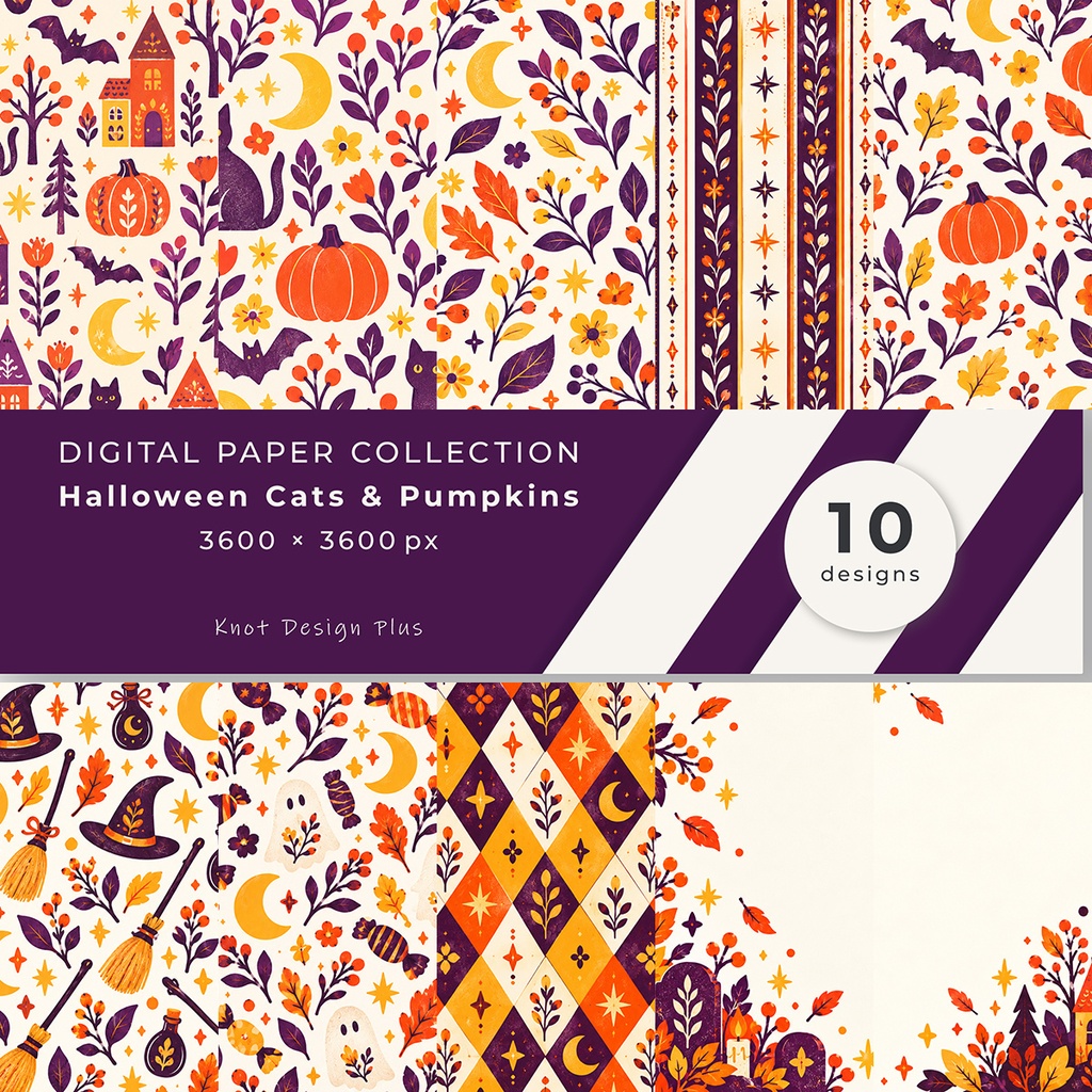 【商用利用OK】黒猫とかぼちゃのハロウィン｜Halloween Cats & Pumpkins デジタルペーパー10枚｜3600×3600px・JPG