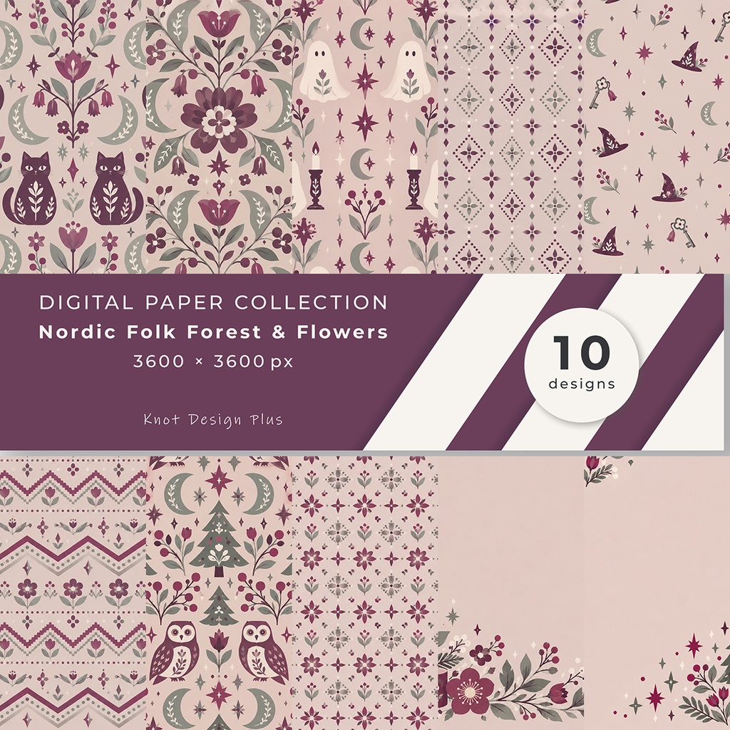 【商用利用OK】北欧フォークの森と花｜Nordic Folk Forest & Flowers デジタルペーパー10枚｜3600×3600px・JPG