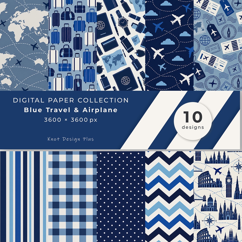 【商用利用OK】ブルートラベル＆飛行機｜Blue Travel & Airplane デジタルペーパー10枚｜3600×3600px・JPG
