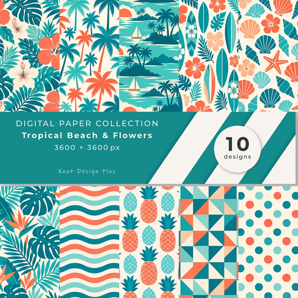 【商用利用OK】トロピカルビーチ＆花｜Tropical Beach & Flowers デジタルペーパー10枚｜3600×3600px・JPG