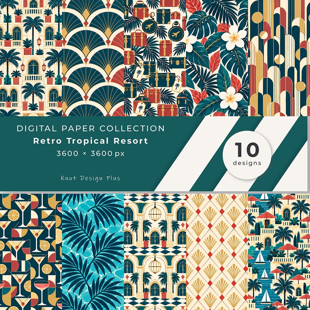 【商用利用OK】レトロトロピカルリゾート｜Retro Tropical Resort デジタルペーパー10枚｜3600×3600px・JPG