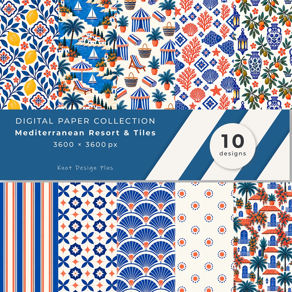 【商用利用OK】地中海リゾート＆タイル｜Mediterranean Resort & Tiles デジタルペーパー10枚｜3600×3600px・JPG