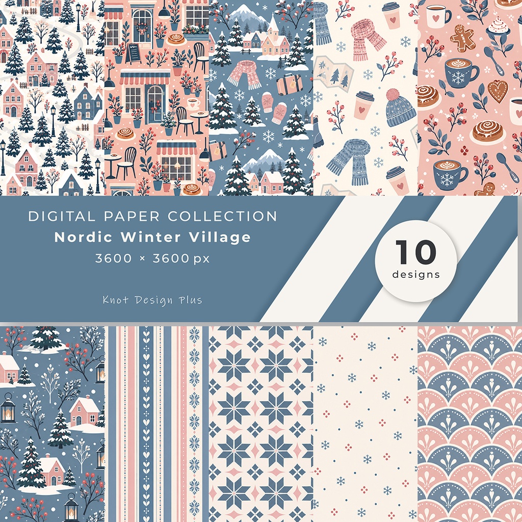 【商用利用OK】北欧の冬の街並み｜Nordic Winter Village デジタルペーパー10枚｜3600×3600px・JPG