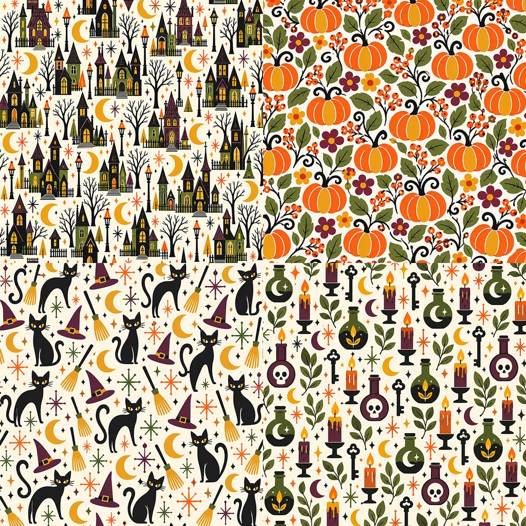 【商用利用OK】レトロハロウィン猫&かぼちゃ|Retro Halloween Cats & Pumpkins デジタルペーパー10枚|