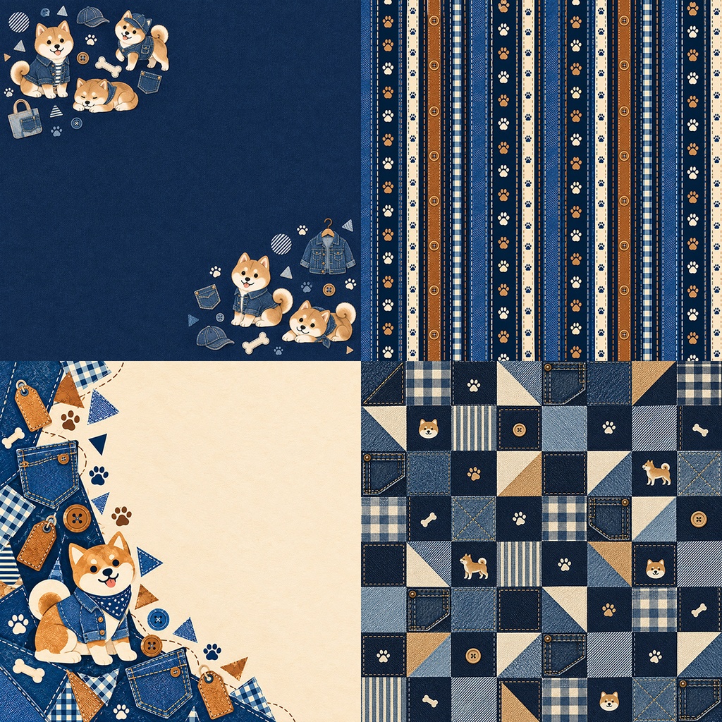 【商用利用OK】デニム柴犬|Denim Shiba Inu デジタルペーパー10枚|3600×3600px・JPG