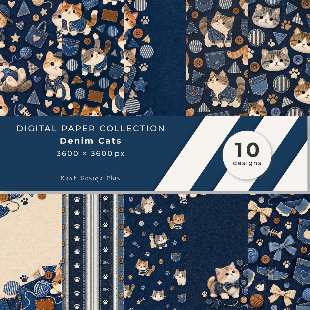 【商用利用OK】デニム猫|Denim Cats デジタルペーパー10枚|3600×3600px・JPG