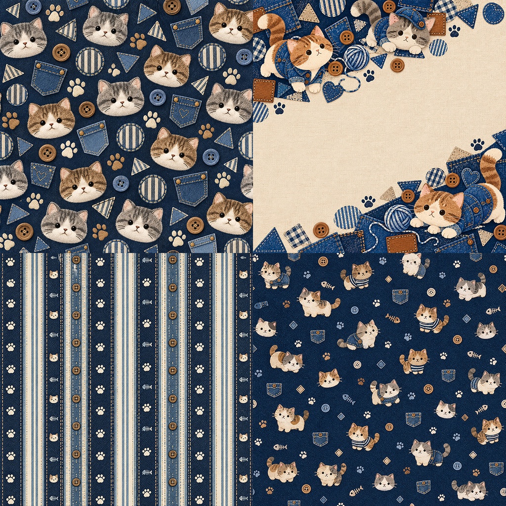【商用利用OK】デニム猫|Denim Cats デジタルペーパー10枚|3600×3600px・JPG