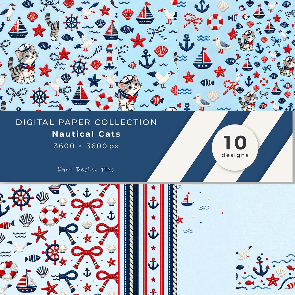 【商用利用OK】マリン猫|Nautical Cats デジタルペーパー10枚|3600×3600px・JPG