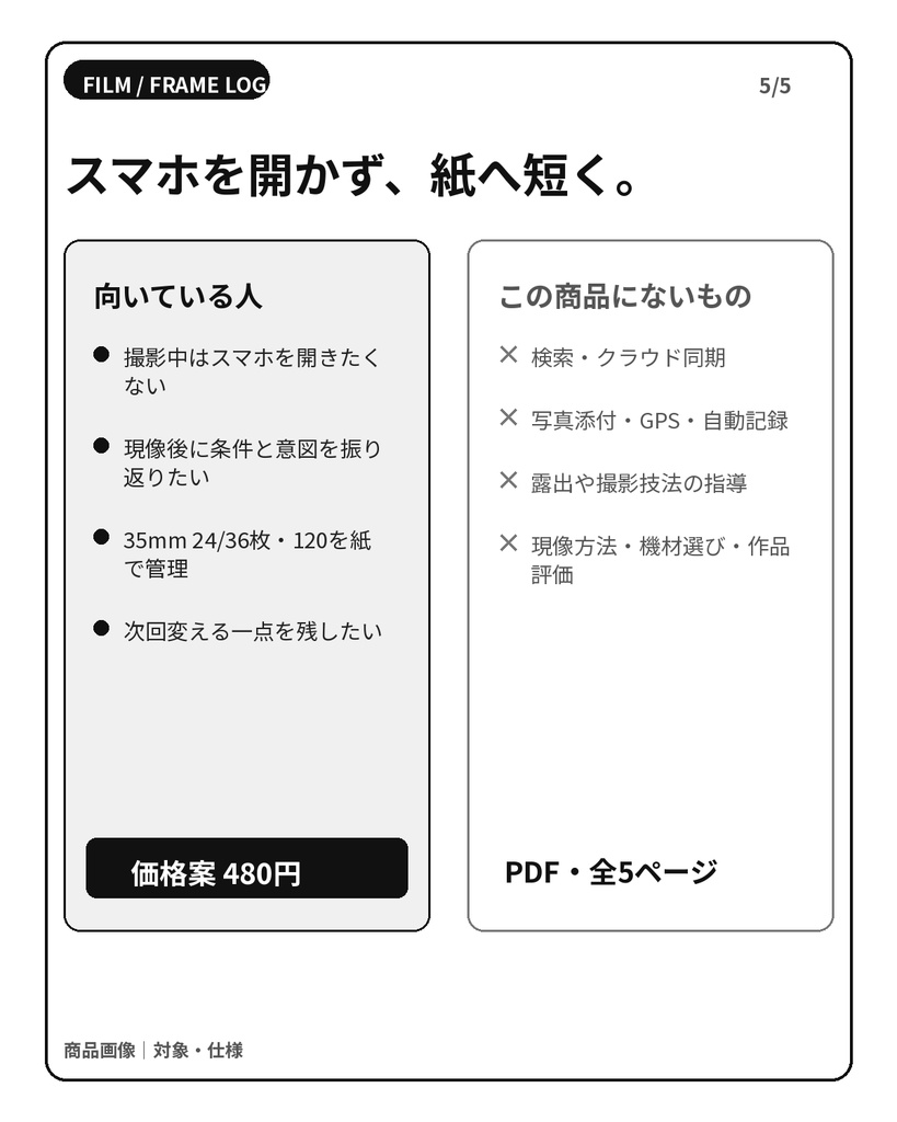 【家庭印刷PDF】フィルム写真・1コマ撮影ログ|35mm 24/36枚・120対応