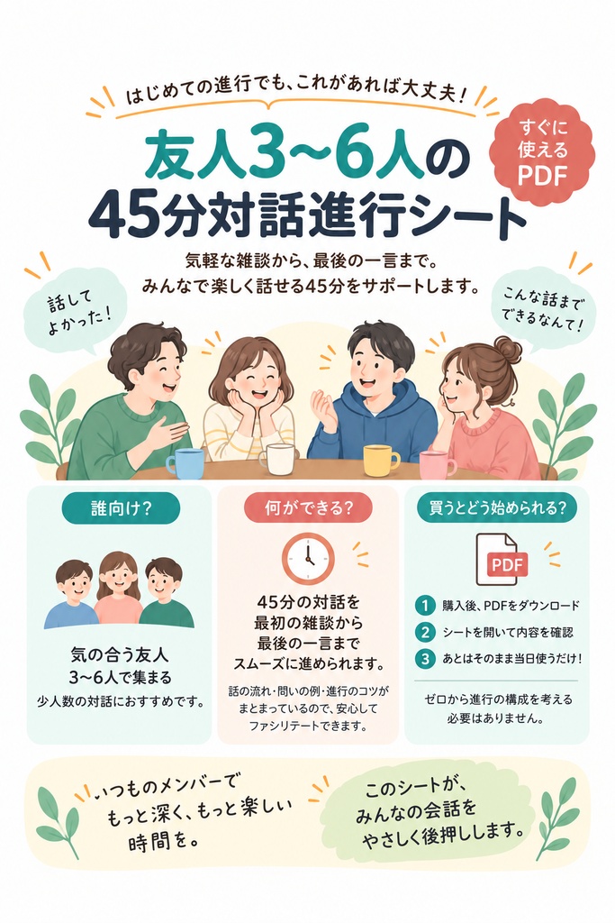 友人3～6人の45分対話進行シート｜軽い話から最後の一言まで