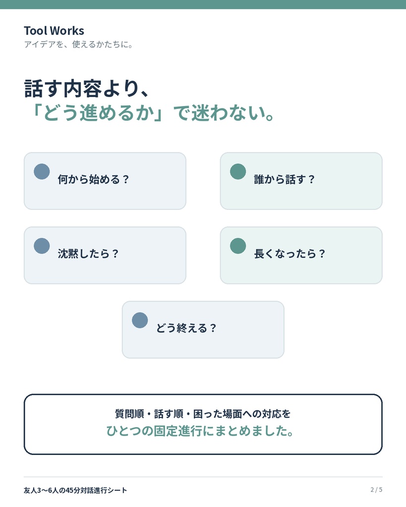 友人3~6人の45分対話進行シート|軽い話から最後の一言まで