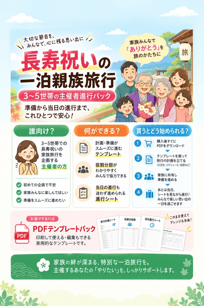 長寿祝いの一泊親族旅行｜3〜5世帯の主催者進行パック