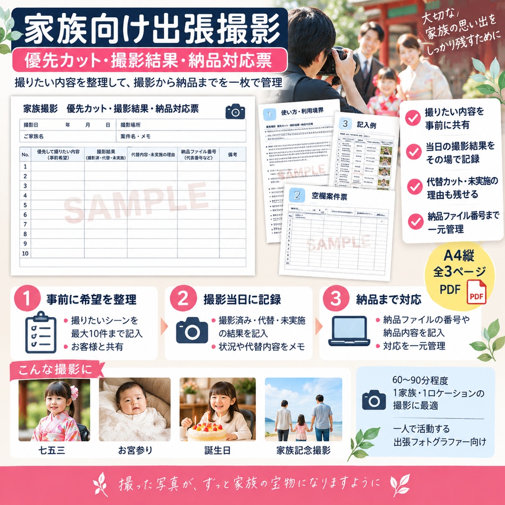 家族向け出張撮影|優先カット・撮影結果・納品対応票【A4縦PDF・3ページ】