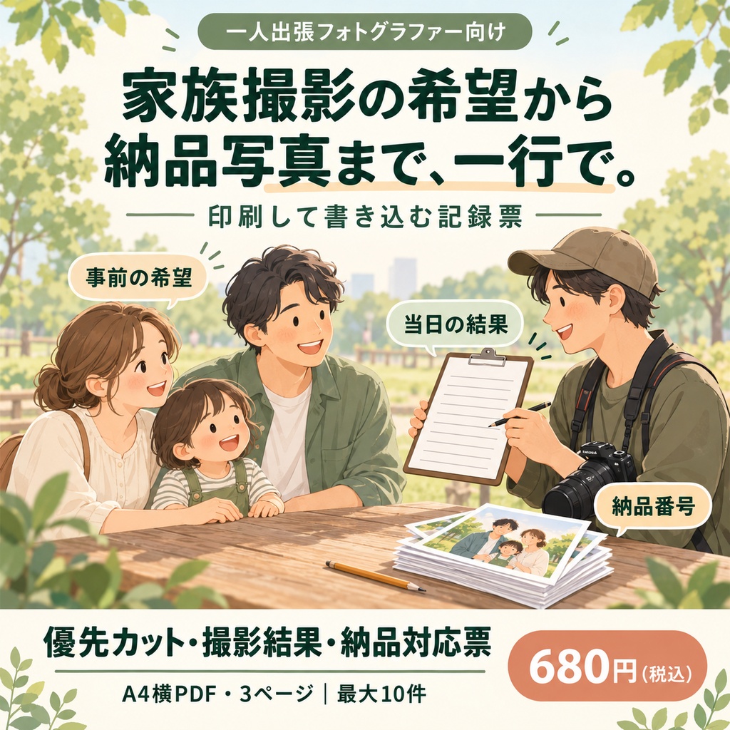家族向け出張撮影|優先カット・撮影結果・納品対応票【A4縦PDF・3ページ】