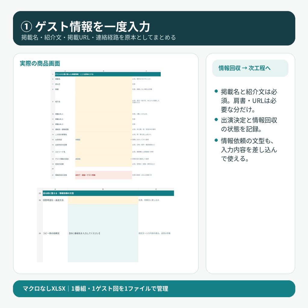 出演決定から公開連絡まで閉じる 個人ポッドキャストのゲスト回・公開引継ぎ票 ― マクロなしXLSX ―