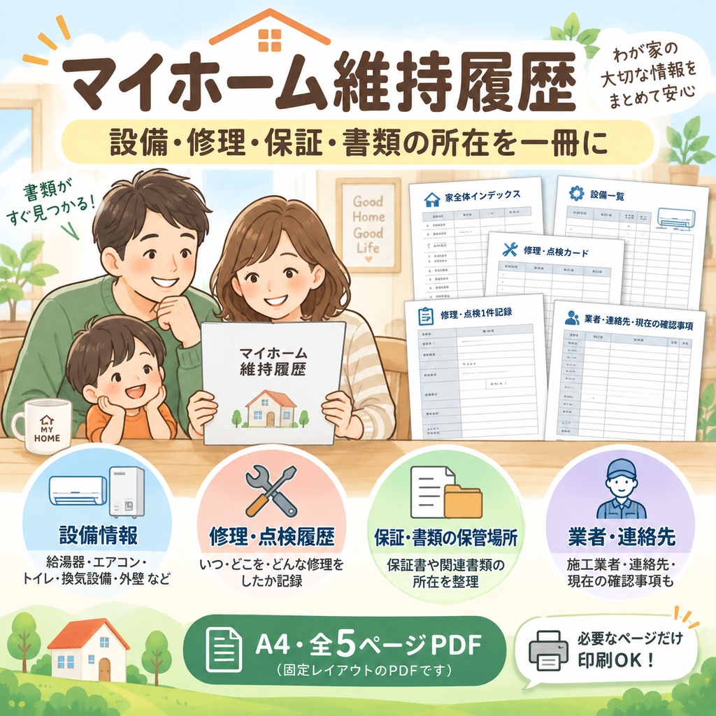 マイホーム維持履歴｜設備・修理・保証・書類の所在を一冊に
