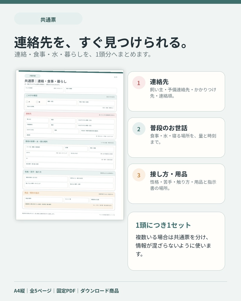ペットお世話引継ぎシート 犬・猫|旅行・入院【A4・全5ページPDF】